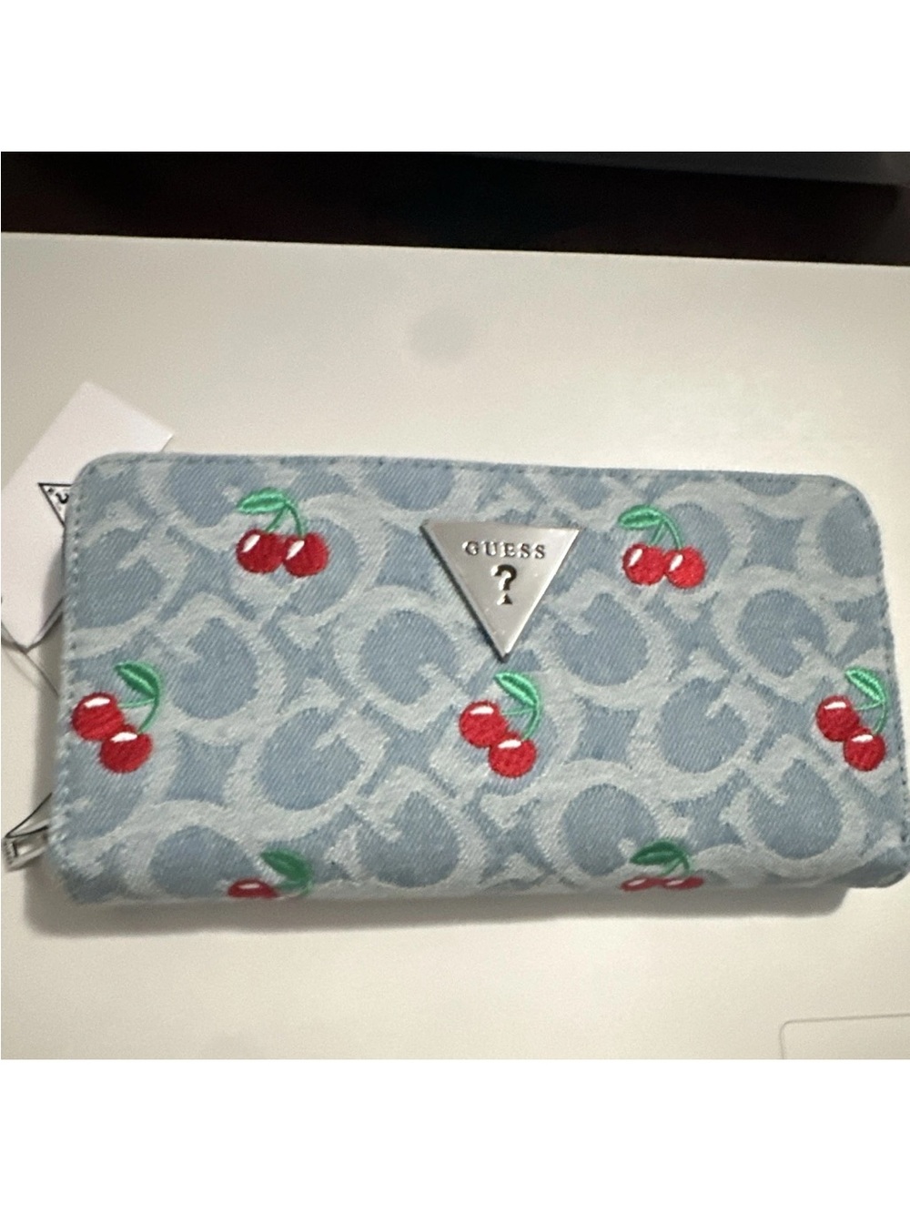 GUESS Light Blue Denim Cherry Zip-Around Wallet